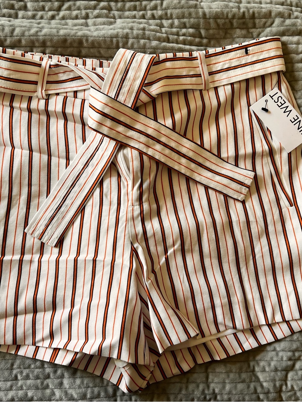 High-Waist Striped Tie-Belt Shorts - Cream with Red & Brown Stripes